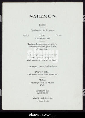 Le dîner (menu) détenus par le DELMONICO (at) NEW YORK, NY (CHAUD ;) ( Hadès-271252-4000004999) Banque D'Images