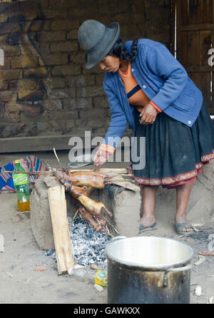 Femme péruvienne autochtone la préparation de cobayes sur le feu. Les cochons sont plat spécial au Pérou, préparé pour les mariages et cérémonies religieuses. Banque D'Images