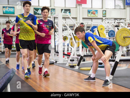 Lee Yong-dae, Jul 5, 2016 : joueur de badminton de la Corée du Sud, Lee Yong-dae (R) lors de la pré-Jeux Olympiques Rio journée des médias au Centre National d'entraînement à Séoul, Corée du Sud. Lee est l'un des meilleurs prospects de la Corée du Sud pour une médaille d'or au cours de l'été 2016 Jeux Olympiques de Rio qui se tiendra à Rio de Janeiro, Brésil du 5-21 août. © Lee Jae-Won/AFLO/Alamy Live News Banque D'Images