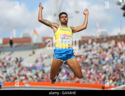 Amsterdam, Pays-Bas. Le 06 juillet, 2016. Michael Torneus de Suède est en compétition dans l'épreuve du saut en longueur tour de qualification au Championnats d'Europe d'athlétisme au Stade olympique à Amsterdam, Pays-Bas, 06 juillet 2016. Dpa : Crédit photo alliance/Alamy Live News Banque D'Images