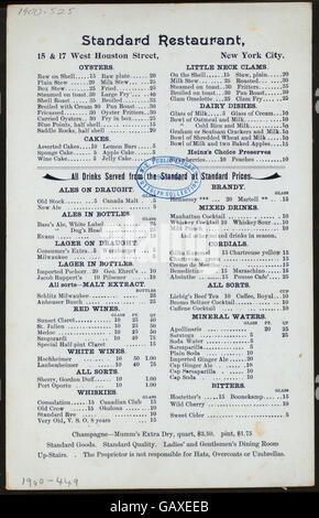 MENU DU JOUR (organisé par) RESTAURANT (standard) à 15 et 17 WEST HOUSTON STREET (reste) ; ( Hadès-272344-4000007302) Banque D'Images