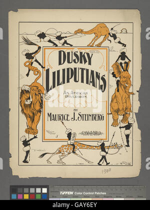 Une image intitulée « Dusky Liliputians », représentant probablement de petites figures imaginatives basées sur les personnages des « voyages de Gulliver » de Jonathan Swift, reflétant des thèmes fantastiques. Banque D'Images