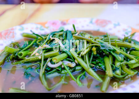 Assiette de sauté de légumes verts,Morning Glory,Thai Food Market,Chiang Mai Thailand Banque D'Images