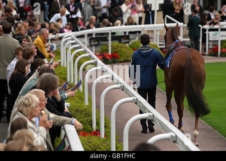 Courses hippiques - Girls Aloud Music Night - Sandown Park.Les Racegoers regardent les chevaux se diriger autour de l'anneau de parade, pendant la soirée musicale des filles à haute voix à l'hippodrome de Sandown Park. Banque D'Images