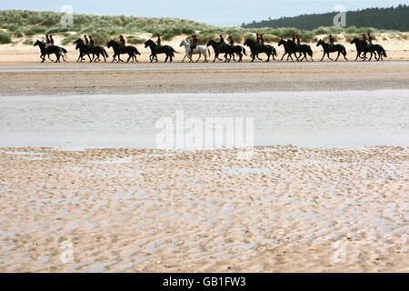 Membres de la cavalerie de la maison, du régiment des gardes de vie, galop à cheval le long de Holkham Beach, Holkham, Norfolk. Banque D'Images