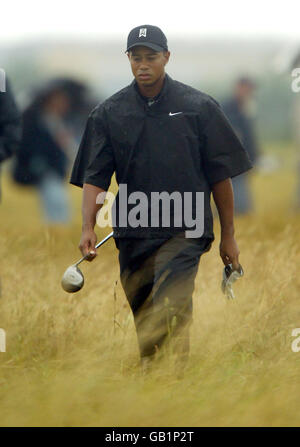 Golf - The Open Golf Championship - Sandwich - First Round.Tiger Woods chasse pour sa balle perdue sur le premier fairway Banque D'Images