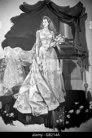 Une impression artistique de la robe de mariée de la princesse Elizabeth conçue par Norman Hartnell pour le mariage de la princesse Elizabeth et de Lieut. Phillip Mountbatten RN. C'est une robe de satin duchesse ivoire, coupée sur des lignes classiques, avec corsage ajusté, manches longues serrées et jupe pleine chute. Banque D'Images