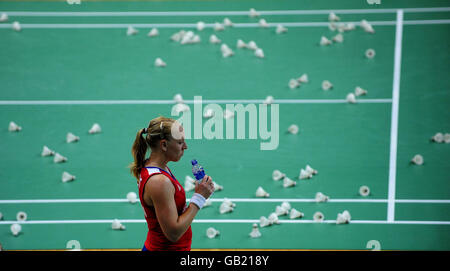 Jeux olympiques - Jeux Olympiques de Beijing 2008.Gail Emms, joueur de badminton de Great Britian, lors d'une session d'entraînement à Macao, Chine. Banque D'Images