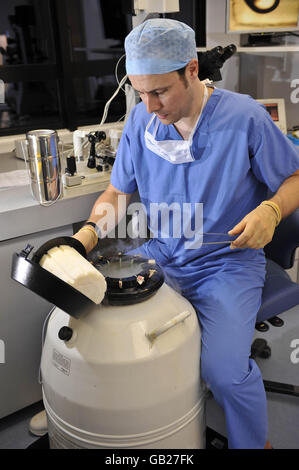 Lyndon Miles, responsable de l'Embryologie et de l'Andrologie pour IVF Wales à l'hôpital universitaire de Cardiff, place un embryon qui a été congelé par le nouveau processus de vitrification dans une chambre de stockage à long terme. Banque D'Images