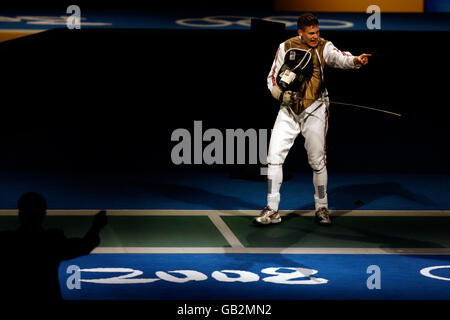 Jeux olympiques - Jeux Olympiques de Beijing 2008 - cinquième jour.Richard Kruse, en Grande-Bretagne, célèbre sa victoire aux Jeux Olympiques de Beijing en 2008 à Beijing, en Chine. Banque D'Images