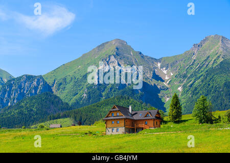 Maison en bois sur pré vert avec Tatry Bielskie montagnes en arrière-plan en été, Slovaquie Banque D'Images