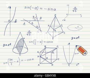Mathématiques - des formes géométriques et des croquis d'expressions sur school board Illustration de Vecteur