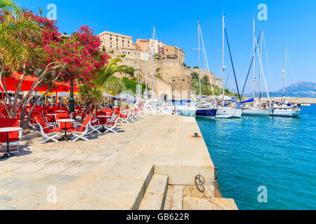 CALVI, CORSE - 28 juin 2015 : avis de restaurant et citadelle avec des maisons dans le port de Calvi. Cette ville a une marina de luxe Banque D'Images