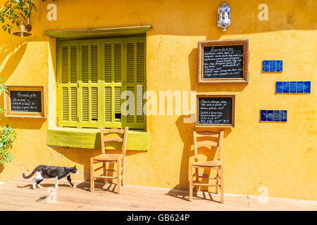 CALVI, CORSE - 28 juin 2015 : cat et des chaises en face du restaurant traditionnel dans le port de Calvi. Corse île a beaucoup de c Banque D'Images