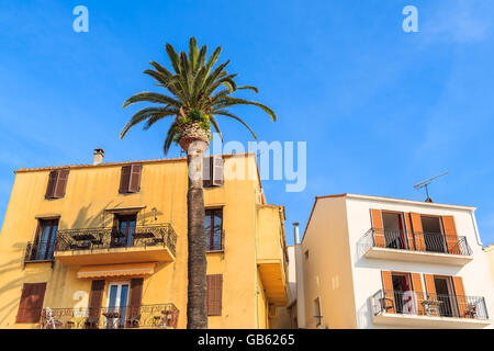 Maisons typiques avec des chaises sur les balcons en ville Calvi, Corse, île de France Banque D'Images