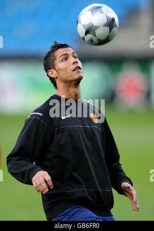 Cristiano Ronaldo de Manchester United lors d'une session d'entraînement à Energi Nord Arena, Aalborg, Danemark. Banque D'Images