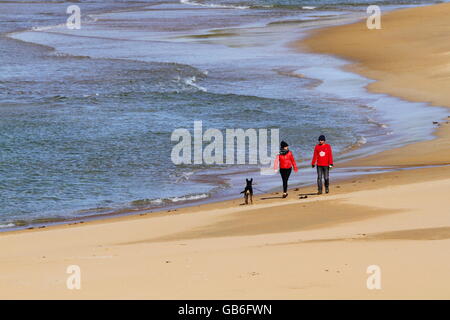 Un couple, lady wearing red jacket, un pull rouge homme, marcher leur chien le long de la plage de Bombo, Kiama, Nouvelle-Galles du Sud en hiver. Banque D'Images