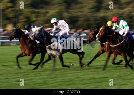 Nickel argent (c) monté par le jockey Tom Eaves en action Lors de la mise en main du groupe ovale Banque D'Images