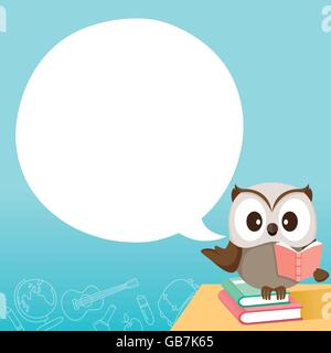 Owl de l'enseignement sur la table avec Bulle, la Journée mondiale du livre, le retour à l'école, l'éducation, de la papeterie, livre, enfants, aide pédagogique Illustration de Vecteur