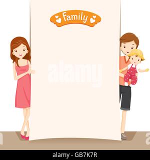 Couple et bébé avec Blank Sign, famille, relations, solidarité, gai, le mode de vie Illustration de Vecteur