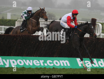 Tatenen riden par Sam Thomas va gagner les journaux indépendants novices Steeple Chase pendant l'Open à Cheltenham Racecourse. Banque D'Images