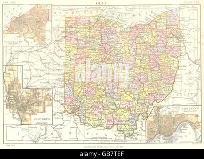 L'état de l'OHIO : carte montrant des comtés. L'encart Cleveland ; Columbus ; Cincinnati 1898 Banque D'Images