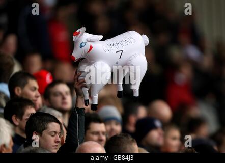 Football - Coca-Cola football League Championship - Derby County / Nottingham Forest - Pride Park.Un fan tient un mouton gonflable portant le nom de l'ancien joueur de la forêt de Nottingham Kris Commons. Banque D'Images