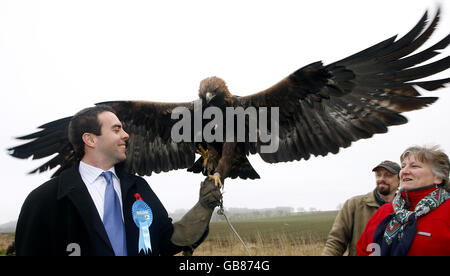 Maurice Golden (à gauche), candidat à l'élection partielle du parti conservateur Glenrothes, et Annabel Goldie, chef du parti conservateur écossais, lors d'une visite à Elite Falconry près de Kirkcaldy. Banque D'Images