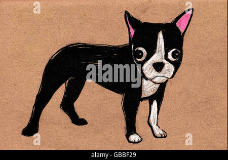 Illustration à la main ou d'un dessin d'un Boston Terrier puppy dog cartoon Banque D'Images