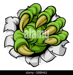Green cartoon monster claw l'extraction ou la déchirure à travers un trou dans l'arrière-plan Banque D'Images
