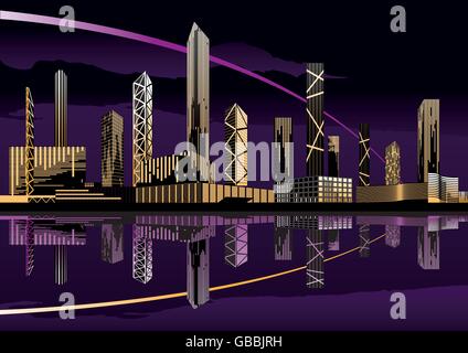 Paysage urbain de nuit avec des lumières et skyline - vector illustration Illustration de Vecteur
