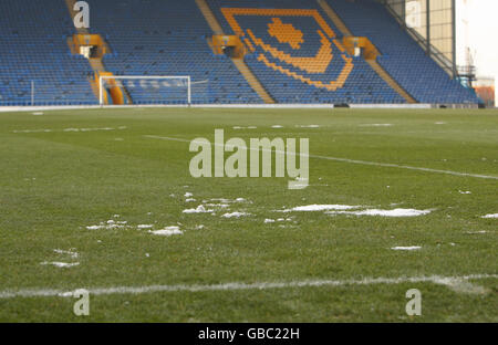 Des morceaux de glace sont visibles à la surface du terrain à Fratton Park après que le clash de Barclays Premiership de Portsmouth contre Manchester City a été reporté en raison d'un pitch gelé. Banque D'Images