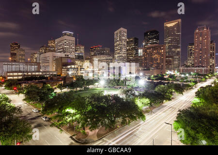 Le centre-ville de Houston au Texas, nuit Banque D'Images