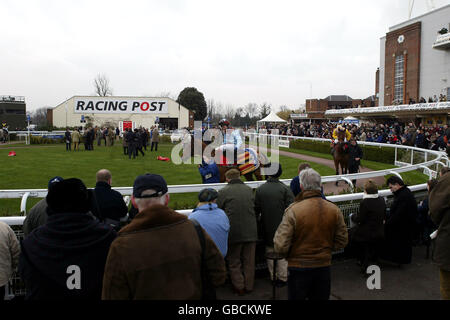 Courses hippiques - Kempton Park - course après Chase Day. Les amateurs de course regardent les chevaux dans l'anneau de parade Banque D'Images