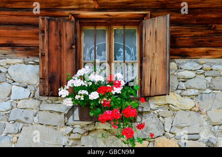 Almhuette, Holzhuette, Blumenfenster, Tirol, Österreich Banque D'Images