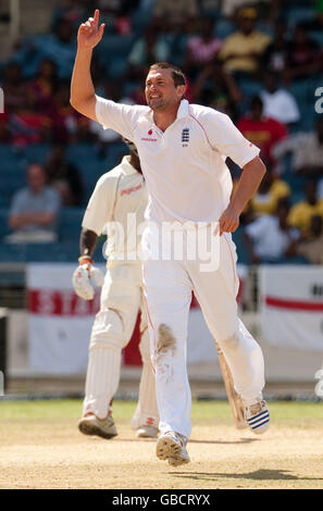 Steve Harmison, de l'Angleterre, célèbre le rejet de Daren Powell des Indes occidentales lors du premier test à Sabina Park, Kingston, en Jamaïque. Banque D'Images