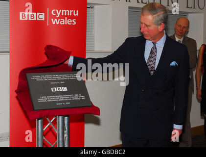 Le Prince de Galles dévoile une plaque lors de la cérémonie d'ouverture de la nouvelle maison de l'orchestre national de la BBC du pays de Galles, le Hoddinott Hall, construit sur mesure dans le Wales Millennium Centre (WMC), baie de Cardiff. Banque D'Images