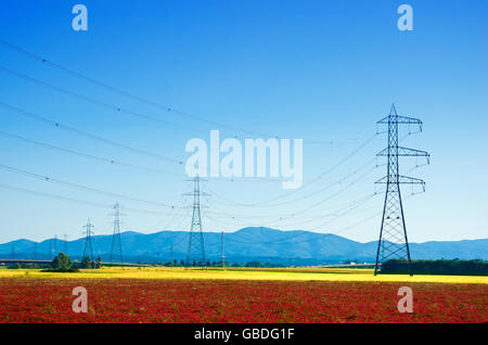 Gros pylônes transportant l'électricité par les paysages cultivés avec des montagnes en arrière-plan Banque D'Images