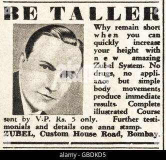 Publicité Publicité Zubel système pour être plus grand par de simples mouvements du corps une publicité à partir d'old vintage original English language magazine publié en Inde en date du 1945 Banque D'Images