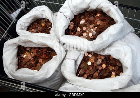 Gary Southall a quitté le personnel du conseil à Birmingham, stupéfait aujourd'hui, quand il a essayé de régler une dette de 1,300 avec des sacs de centimes chargés dans un chariot de supermarché. Banque D'Images