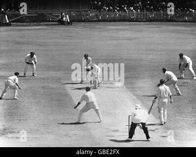 Trevor Bailey, le All-Rounder d'Angleterre, est venu pour un cri de cri pour son jeu défensif lors de ses deuxièmes gains où il a marqué 67 courses en 7 heures et 38 minutes.Ici Bailey est vu jouer un de ses coups typiques, une 'chauve-souris de pied à une balle de Richie Beraud.Les cinq anciens de gauche à droite sont : Neil Harvey, Norm O'Neill, Wally Grout, Peter Burge et Ian Meckiff. Banque D'Images