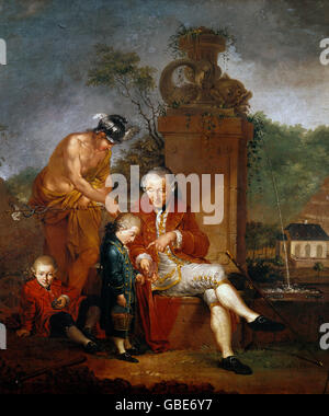 Beaux-arts, Januarius Zick, (1730 - 1797), peinture, 'Gottfried Peter de Requile avec ses deux fils et le mercure", 1771, huile sur toile, 96,7 cm x 83 cm, Rheinisches Landesmuseum, Bonn, Allemagne, Banque D'Images