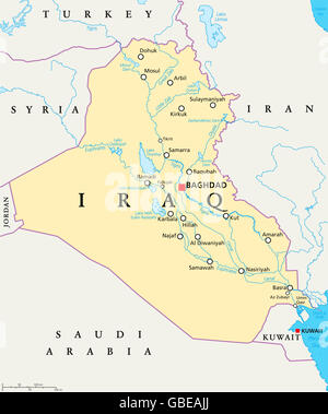 Carte politique de l'Iraq à Bagdad, capitale des frontières nationales, d'importantes villes, rivières et lacs. Aussi appelée la Mésopotamie. Banque D'Images