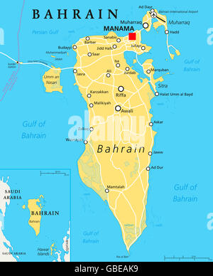 Carte politique Bahreïn avec capitale Manama. Pays de l'île de l'archipel, et un royaume près de rive occidentale du golfe Persique. Banque D'Images