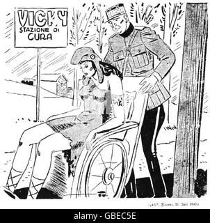 Evénements, Seconde Guerre mondiale / Seconde Guerre mondiale, propagande, Allemagne, dessin animé: Maréchal Petain amenant la France en fauteuil roulant à Vichy, dessin italien, du journal 'der Stuermer', été 1940, droits supplémentaires-Clearences-non disponible Banque D'Images