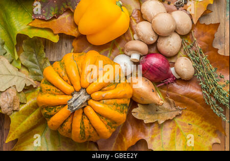 Assortiment de légumes sur les feuilles d'automne avec du potiron, l'oignon et les champignons Banque D'Images