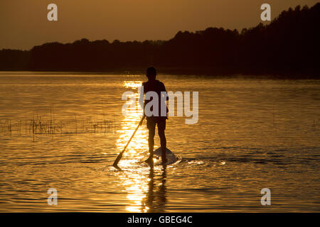 Silhouette garçon sur le bord sup stand up paddle board Banque D'Images