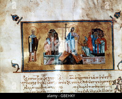 Beaux-arts, art religieux, résurrection Christi, manuscrit enluminé d'un script par Gregory d Naizanz, 11e siècle, Jérusalem, patriarcat grec, Banque D'Images