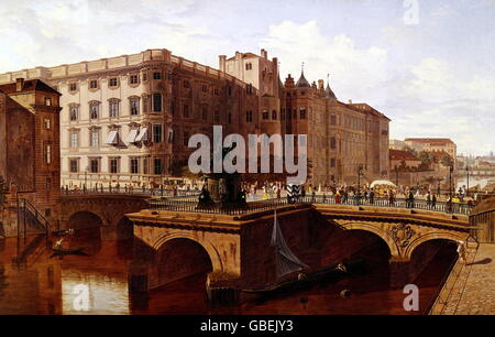 Géographie / Voyage, Allemagne, Berlin, châteaux, Château Royal, peinture par Maximilien Roch, début du XIXe siècle, historique, châteaux, Hohenzollern, architecture, pont, ponts, rivière Spree, trafic, poste de garde, autocar, calèche, voitures, wagons, bateau, monument, monuments, chariot, charrettes, Prusse, Europe centrale, Ile aux Musées, capitale, métropole, Clearences-supplémentaires-non disponible Banque D'Images