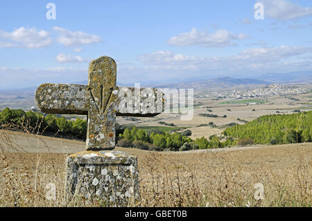 Coquille Saint-Jacques et cross, Chemin de Saint Jacques, Olite, Navarra, Espagne Banque D'Images